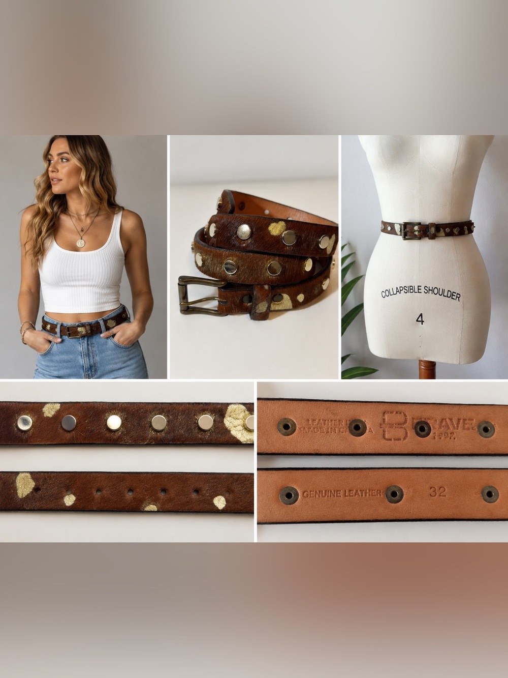 Brave Leather Hair On Hide Studded Belt Brown Gold Metallic Spots Size 32